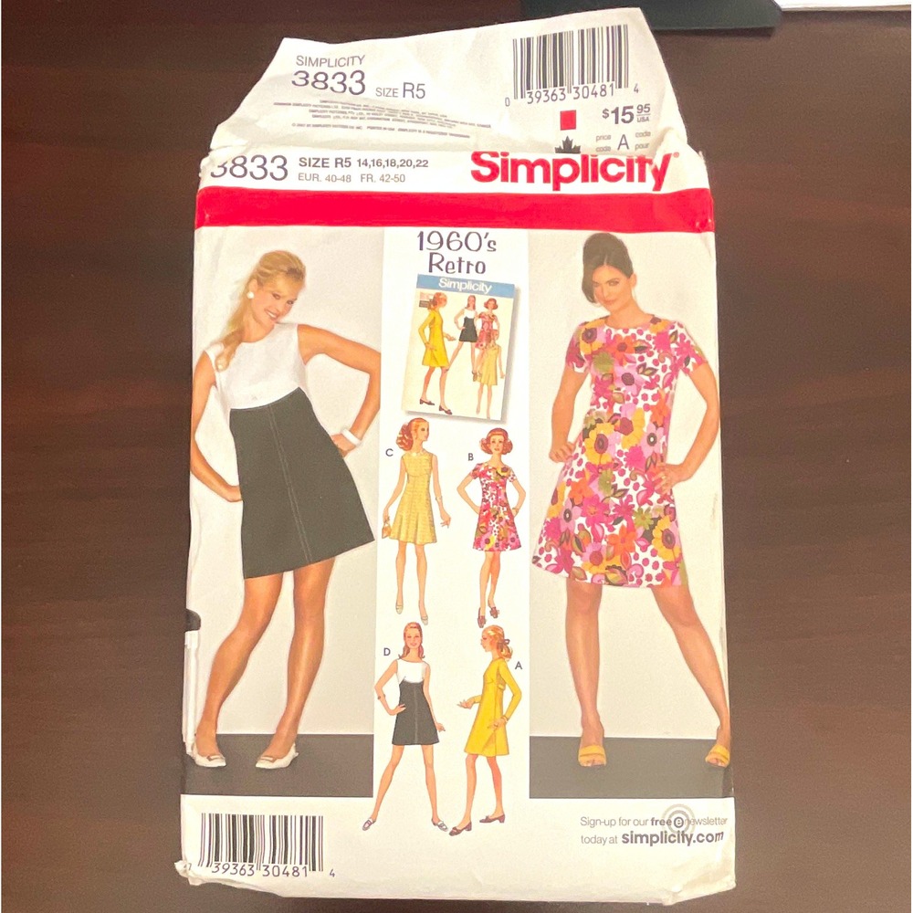 Simplicity 3833 VTG 1960s Sewing Pattern Misses/Miss Petite Dress Sz 14-22 UNCUT